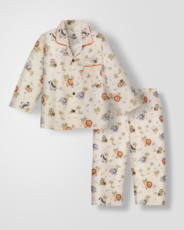 KOKOBARA 2 PCS Premium Muslin Animal Safari Night Suit | Cream