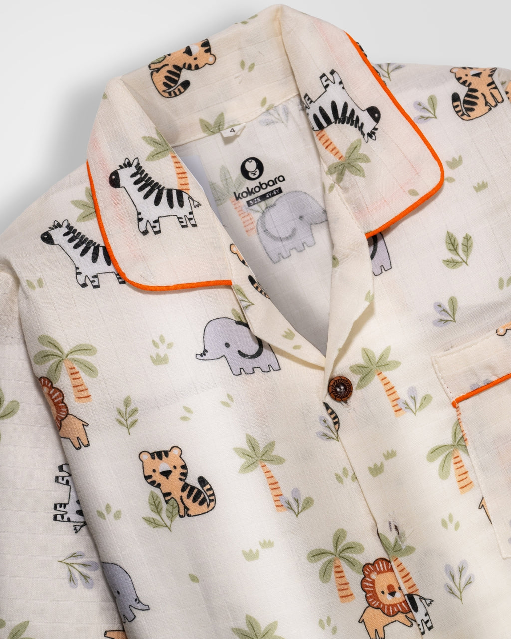 KOKOBARA 2 PCS Premium Muslin Animal Safari Night Suit | Cream