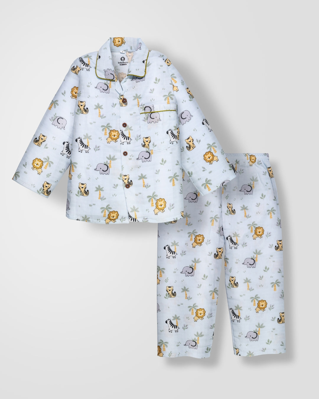 KOKOBARA 2 PCS Premium Muslin Animal Safari Night Suit | Ocean Blue