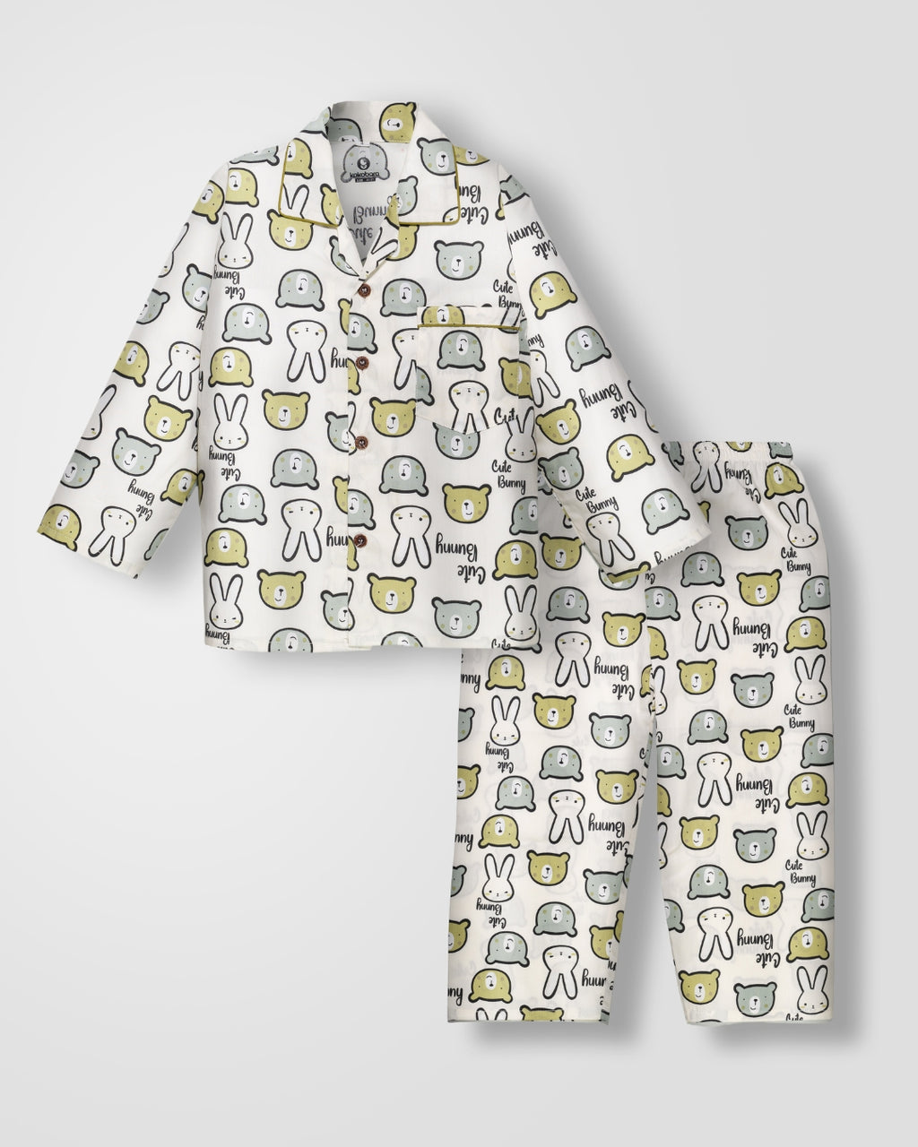 KOKOBARA 2 PCS Premium Pure Cotton Cute Bunny Night Suit | Green