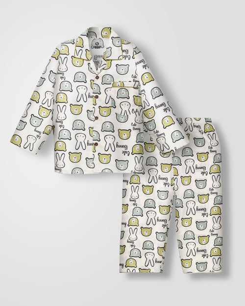 KOKOBARA 2 PCS Premium Pure Cotton Cute Bunny Night Suit | Green