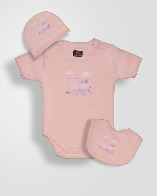 KOKOBARA Onesie Pure Cotton 3 PCS Set Train Print | Pink